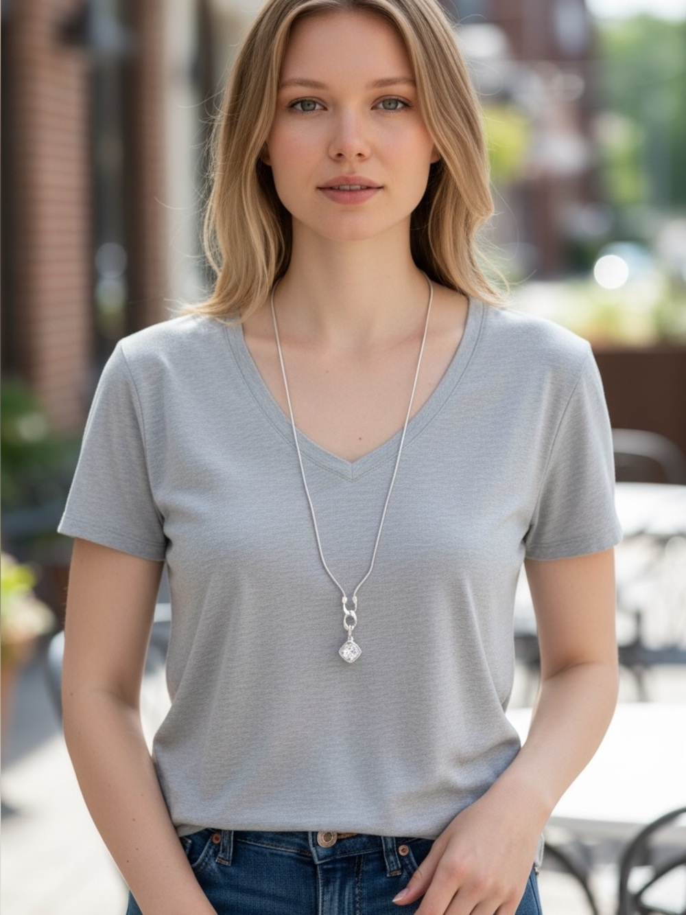 White House Black MarketSilver Long Pendant Necklace with Cubic Zirconia pendant